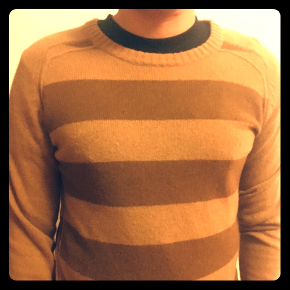 Tan and mustard yellow striped wool blend sweater
